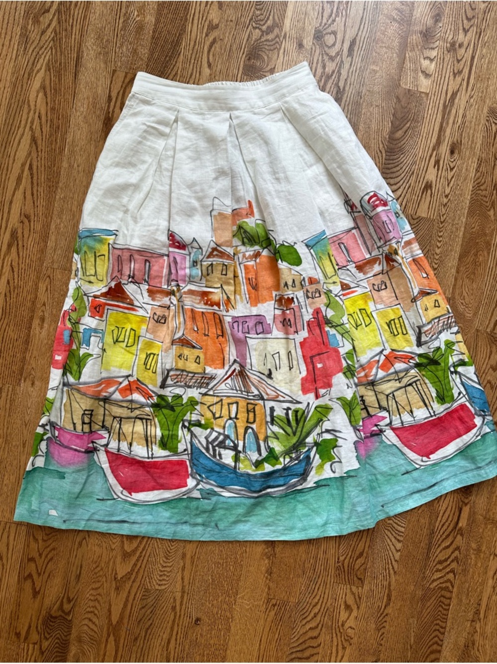 Boden Verity Linen Midi Skirt Coastal Harbor Print Size 6R Watercolor Scene - Picture 2 of 6